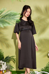 Flowy Silk Midi Dress with Statement Collar and Flutter Sleeves